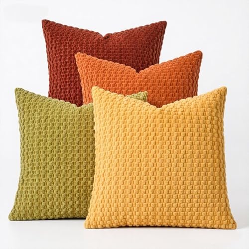ZONYO Throw Pillow Covers 18x18 Set of 4, Soft Bubble Texture Corduroy Decorative Pillows, Fade Resistant Washable Cushion Covers for Couch Sofa Bed, Boho Farmhouse Living Room Outdoor Fall Decor - color: Orange Yellow