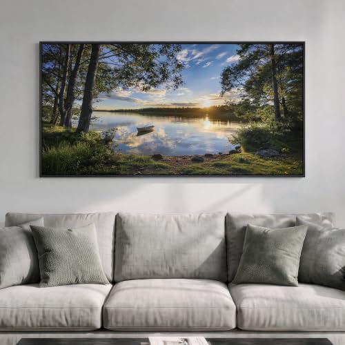Large Framed Sunrise Lake Landscape Wall Art for living room, 60x30 Inch - color: Blue
