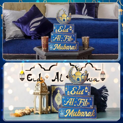 Yousoontic 4 Pcs Eid Mubarak Wooden Table Decor, Ramadan Mubarak Tiered Blocks Islamic Muslim Tabletop Decorations, Moon and Lantern Design, Blue and Gold Eid Table Centerpiece for Home Office - style: Ramadan