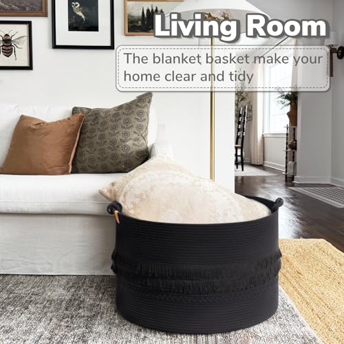 CherryNow 90L Large Woven Rope Blanket Basket with Tassel, 22" x 14", Black - color: Black, size: 83L (22"W x 14"H)