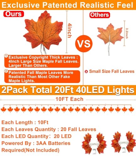 Fall Decor 2 Pack Fall Garland with Lights Enlarged Maple Leaves 20Ft 40LED - size: 2 Pack