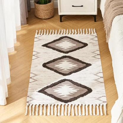 Boho Runner Rug, Washable Hallway Rug Runner Non Slip Rubber Backed, Kitchen Farmhouse Area Rug Floor Mat with Tassels, Tufted Woven Cotton Entryway Carpet (Brown, 2.3'x3.8') - color: Brown, size: 2'4" x 3'10" (Runner)