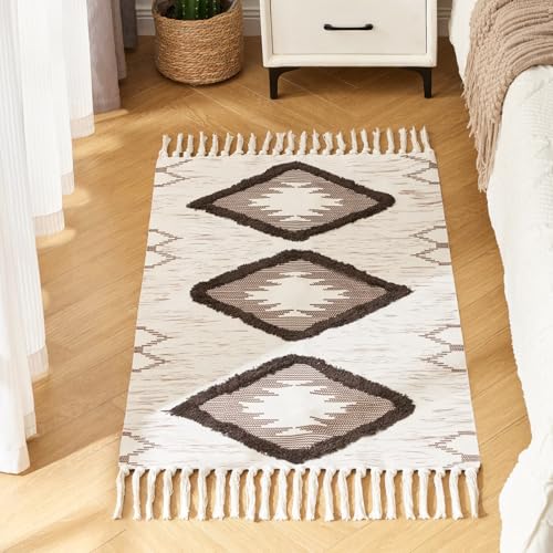 Boho Runner Rug, Washable Hallway Rug Runner Non Slip Rubber Backed, Kitchen Farmhouse Area Rug Floor Mat with Tassels, Tufted Woven Cotton Entryway Carpet (Brown, 2.3'x3.8') - color: Brown, size: 2'4" x 3'10" (Runner)