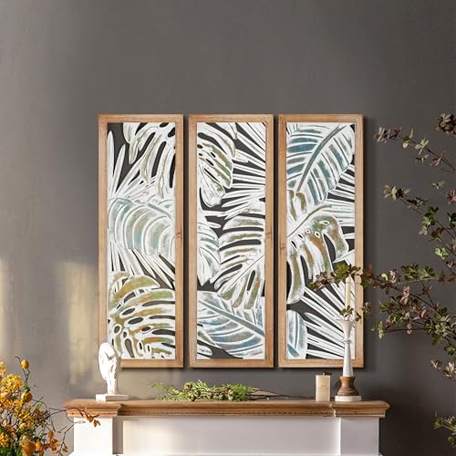 XIAOAIKA Boho Hand-Carved Tropical Leaf Wood Wall Art Panels, Set of 3 - color: STYLE I