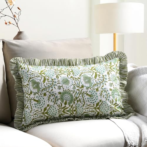 CPC Agate Green Block Print Ruffle Sham Pillow Cover 12x20 Inch, Pack of 1 - color: Agate Green, size: 20" x 12" (Pack of 1)