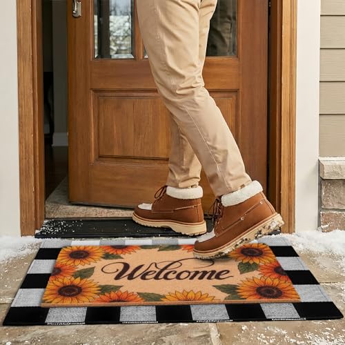 2-Piece Layered Welcome Mat Set - Coir Doormat & Buffalo Plaid Rug - color: Floral Sunflower