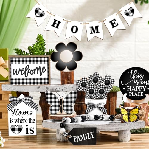Fairysandy 11 Pcs Home Tiered Tray Decor Floral Rustic Wooden Signs - style: Novelty
