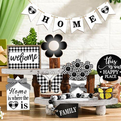 Fairysandy 11 Pcs Home Tiered Tray Decor Floral Rustic Wooden Signs - style: Novelty
