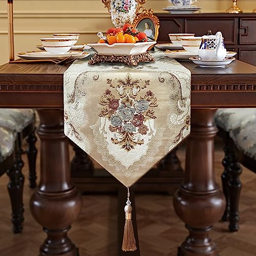 120" Exquisite Table Runner Elegant Chic Jacquard Textured Damask Beige - color: Beige, size: 13x120"