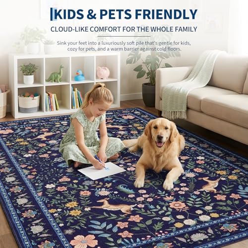 Garvee Floral 5x7 Area Rugs Washable Living Room Rug Entryway Rug Blue - color: Blue, size: 5' x 7' (Rectangular)