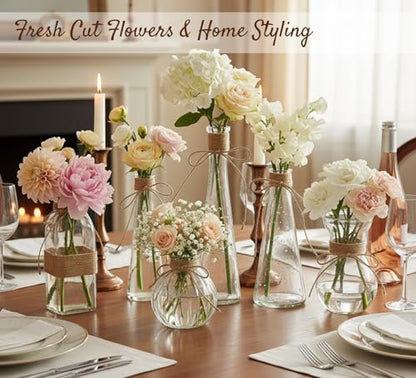 Glass Bud Vases Set of 6 for Flowers, Clear Small Vases with Jute Rope