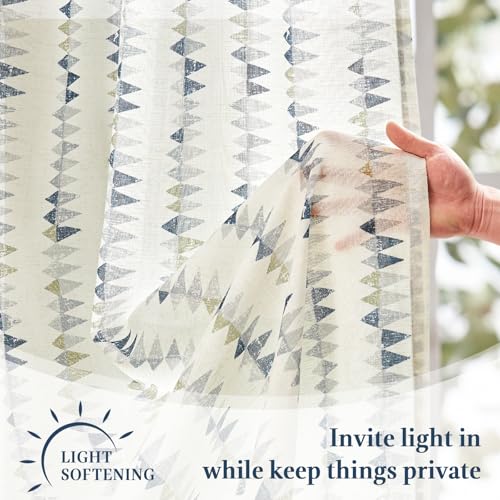 jinchan Dusty Blue Linen Kitchen Tier Curtains 24 Inch Modern Boho 2 Panels - color: Tribal | Dusty Blue on Linen, size: 26"W x 24"L (Pack of 2)