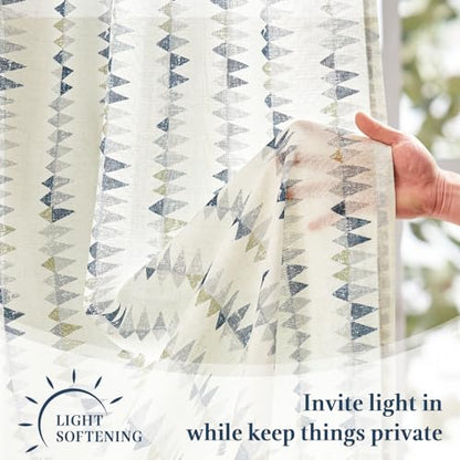 jinchan Dusty Blue Linen Kitchen Tier Curtains 24 Inch Modern Boho 2 Panels - color: Tribal | Dusty Blue on Linen, size: 26"W x 24"L (Pack of 2)