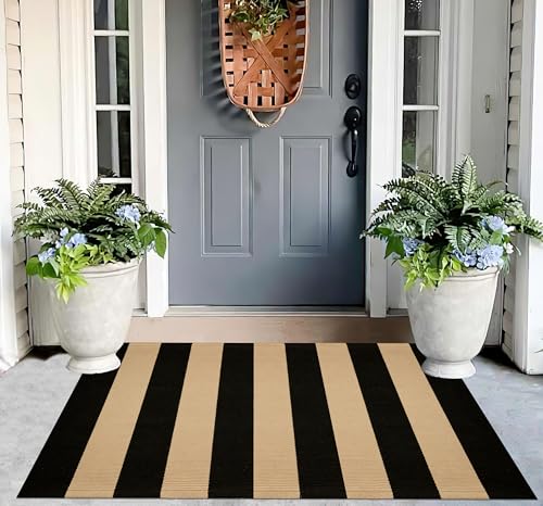 Striped Layering Rug 27.5"x43",Black and Tan Farmhouse Front Porch Mat - color: Black Tan, size: 2'4" x 3'7" (Rectangular)