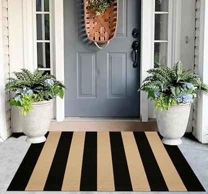 Striped Layering Rug 27.5"x43",Black and Tan Farmhouse Front Porch Mat - color: Black Tan, size: 2'4" x 3'7" (Rectangular)