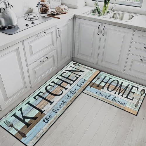 Kitchen Rugs Set of 2 Non Slip WashableVintage Wood Heart - color: Green Wooden