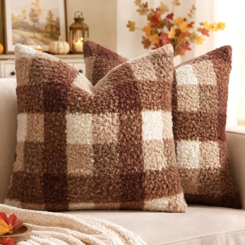 MIULEE Fall Plaid Pillow Covers Boucle Brown White 18x18 Set of 2 - color: Brown White, size: 18" x 18" (Pack of 2)