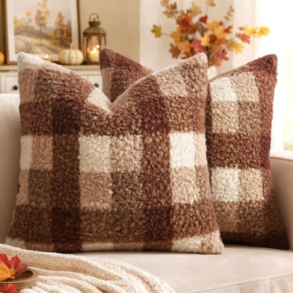 MIULEE Fall Plaid Pillow Covers Boucle Brown White 18x18 Set of 2 - color: Brown White, size: 18" x 18" (Pack of 2)