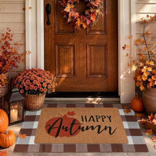 2-Piece Fall Front Door Mat Set, Coir Mat & Brown White Buffalo Plaid Mat - color: Brown and White
