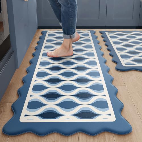 Arenarug Scalloped Wavy Lattice Kitchen Mats for Floor, Blue Kitchen Rugs - color: Dusty Blue, size: 17.3"x30"+17.3"x47"