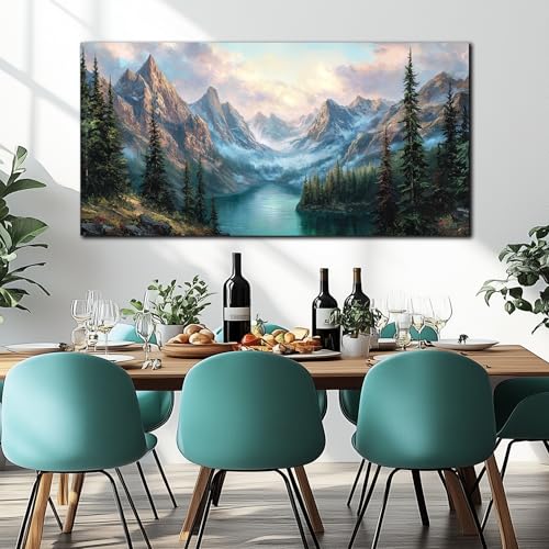 MXUNYZ Mountain Green Tree Lake Nature Landscape Prints Wall Art - color: Blue Green, size: 58"L x 29"W