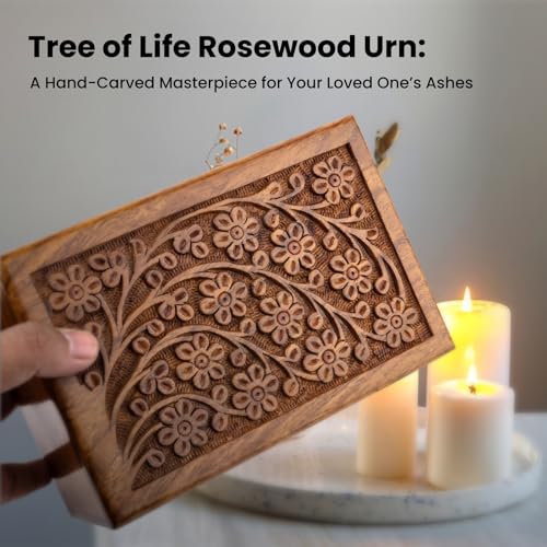 Keepsake Urn Box for Human or Pet Ashes, Tree of Life Rosewood, 14 Cu in - size: Keepsake - 14lbs