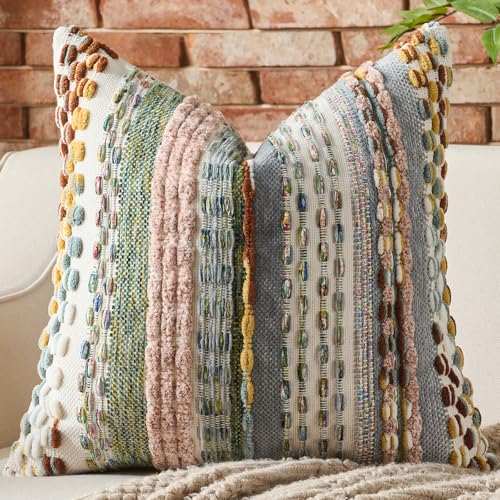 AmHoo Chenille Tufted Striped Textured Boho Throw Pillow Covers Aesthetic Woven Decorative Pillow Case for Couch Bed Sofa Bedroom Modern Funky 18 x 18-Inch Multicolor - color: Multicolor, size: 18" x 18" (Pack of 1)