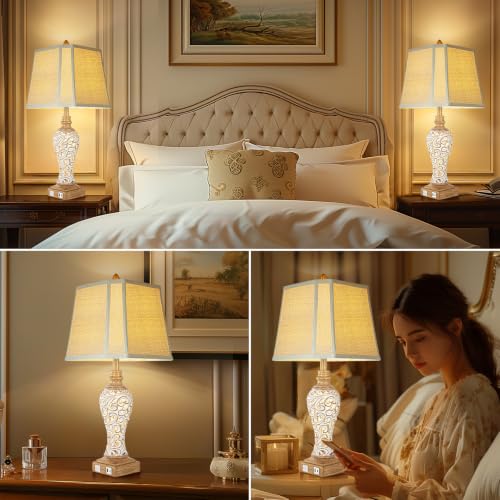 Rustic Table Lamp Set of 2 for Living Room with Night Lights, 28.5" Tall - color: Cream+Brown-Set of 2, size: 28.5 inch