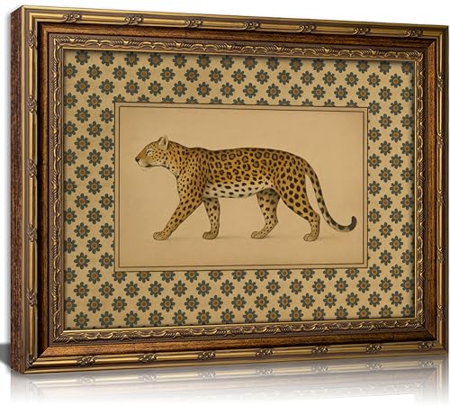Vintage Gold Framed Leopard Wall Art, Antique Botanical Animal Canvas Print, Floral Pattern Background Wall Decor, Jungle Animal Cheetah Picture Poster Artwork for Bedroom Living Room - color: Leopard, size: 11''Lx9''W