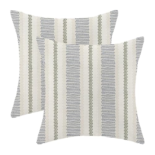 AEIOAE Navy Blue Sage Green Outdoor Pillow Covers 18 x 18 Inch, Beige Polka Dots Stripe Decor Throw Pillows for Couch Bed, Boho Modern Farmhouse Decorative Pillowcase Linen Cushion Cover Set of 2 - color: Blue Green Beige, size: 18" x 18" (Pack of 2)