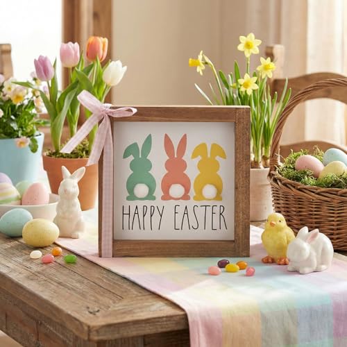 caiydramy Happy Easter Sign, Wooden Easter Bunny Decor with 3D Pom Pom Tail, Spring Wood Decorative Signage Indoor Table Wall Art Shelf Tiered Tray Office Desk Mantel Rustic Farmhouse Home Decorations