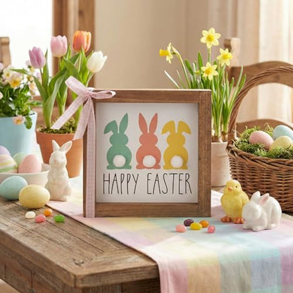 caiydramy Happy Easter Sign, Wooden Easter Bunny Decor with 3D Pom Pom Tail, Spring Wood Decorative Signage Indoor Table Wall Art Shelf Tiered Tray Office Desk Mantel Rustic Farmhouse Home Decorations