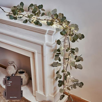 LITBLOOM Lighted Eucalyptus Garland Battery Operated with Timer 6FT 96 LED Artificial Greenery Twig Vine Lights for Room Stairs Mantle Wedding Holiday Decoration Indoor Outdoor - style: Eucalyptus