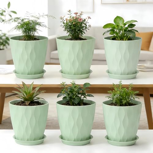 8 Inch Plastic Plant Pots for Plants with Drainage Holes and Saucer, 6 Pack - color: Green 8 Inch