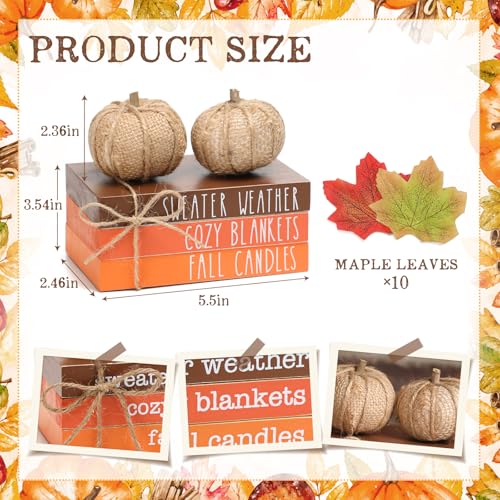 Fall Tiered Tray Decor, Wood Book Stack with Maple Leaves & Pumpkins - color: Book & Linen Pumpkin