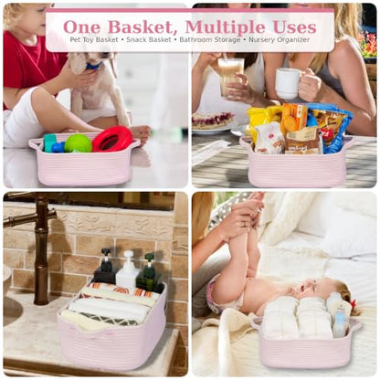 XUANGUO Medium Woven Cotton Rope Storage Basket with Handles, Light Pink - color: Light pink