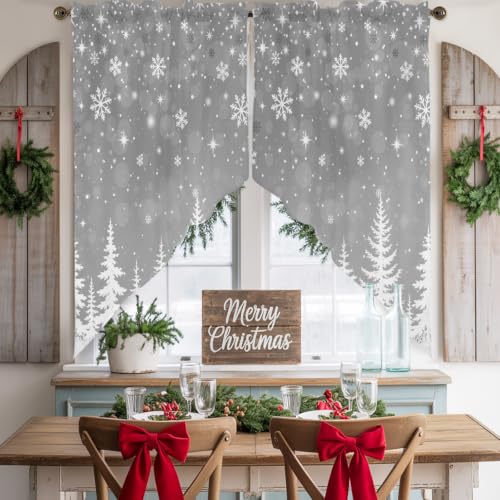Grey Christmas Swag Valances Kitchen Curtains 36 Inches Length, Winter Pine Trees Forest Snowflakes Tier Drapes Swag Topper, Farmhouse Winter Snowy Scene Short Cafe Window Treatments 2 Panels 28"x36" - color: Gray White, size: 28"W x 36"L (Pack of 2)