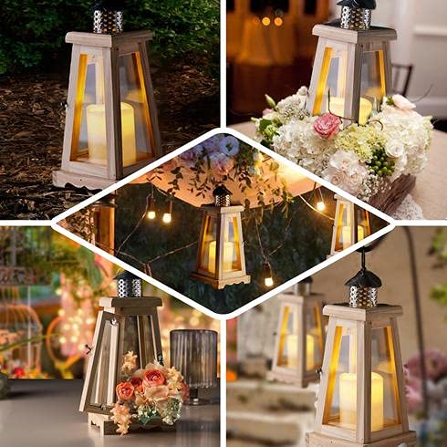 14 Inch Rustic Wooden Candle Lantern, Decorative Candle Lantern Tabletop Centerpiece, Mantle, Wall Hanging, or Garden Display, Indoor & Outdoor Use