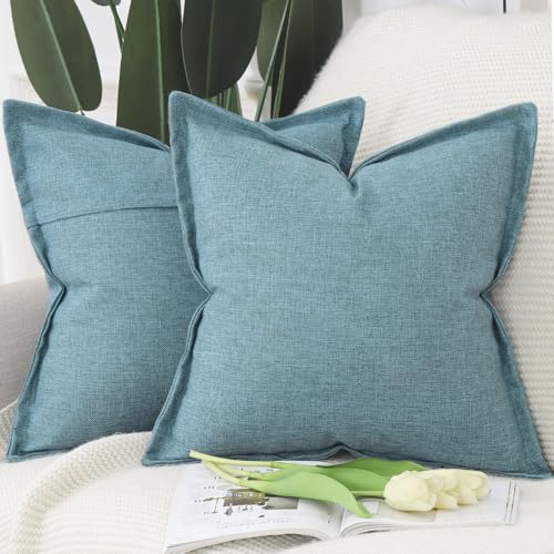 MADIZZ Pack of 2 Faux Rustic Linen Throw Pillow Covers with Flange Edge Soft Boho Natural Decorative Pillowcases for Sofa Living Room Modern Throw Pillows for Bed 18x18 Inch Blue - color: Blue, size: 18" x 18" (Pack of 2)