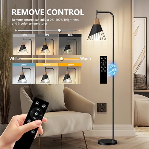 67" Industrial Floor Lamp with Wood & Black Metal Shade, Modern Standing Lamp, Rustic Farmhouse Tall Lamp for Living Room Bedroom Office, 2700K Bulb & Foot Switch Included (Black + Remote Control) - color: Black + Remote Control