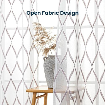 SLEEP ZONE Sheer Curtains for Living Room and Bedroom, Embroidered Sheer Curtains White Sheer Curtain 52 × 84 inches Long of 2 Panels, Off-White Waves - color: White Waves, size: 52"W×84"L