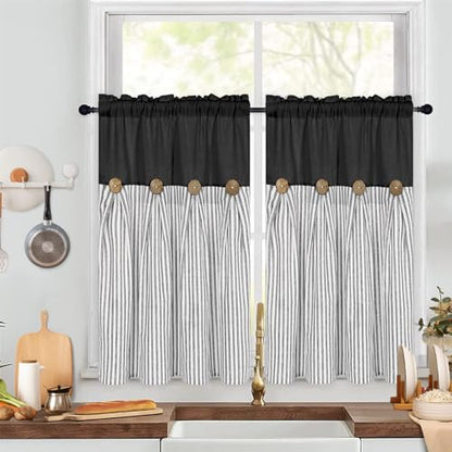 ASPMIZ Farmhouse Kitchen Curtains 24 Inch Length, Black Stripe, 2 Panels - color: Black&grey, size: 26"W x 36"L (Pack of 2)