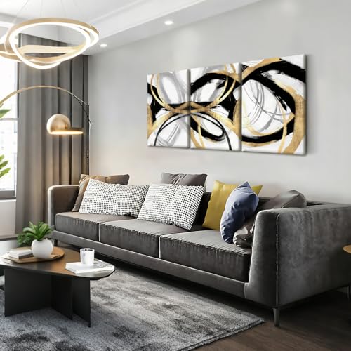 LYYGLYY 3Pcs Framed Abstract Black and Gold Canvas Wall Art 16x24 Inches - color: Dancing Lines, size: 16x24 Inches