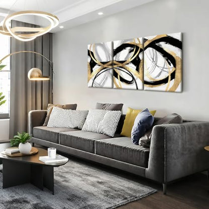 LYYGLYY 3Pcs Framed Abstract Black and Gold Canvas Wall Art 16x24 Inches - color: Dancing Lines, size: 16x24 Inches