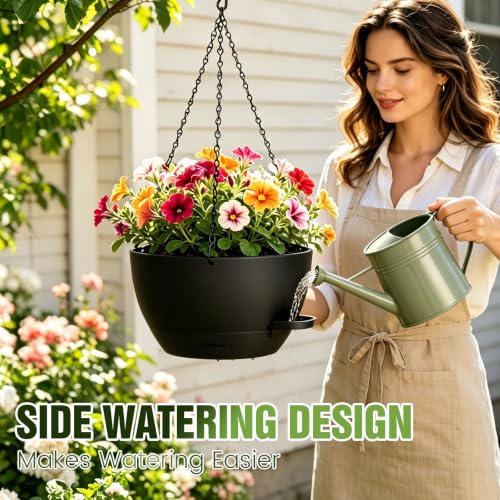 10 Inch Self-Watering Hanging Planters Set of 3 with Saucers - color: Black, size: 10 Inch 3 Pack