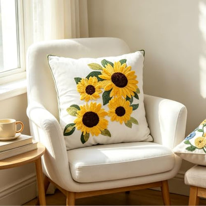 Sunflower Floral Spring Embroidered Throw Pillow Cover 18"x18" Set of 2 - color: Sunflower Yellow