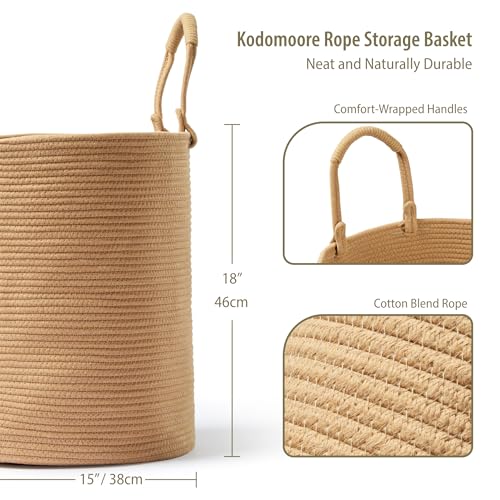 Laundry Hamper Basket, Woven Cotton Rope Blanket Basket, Nursery Storage - color: Jute, size: 15"D x 18"H