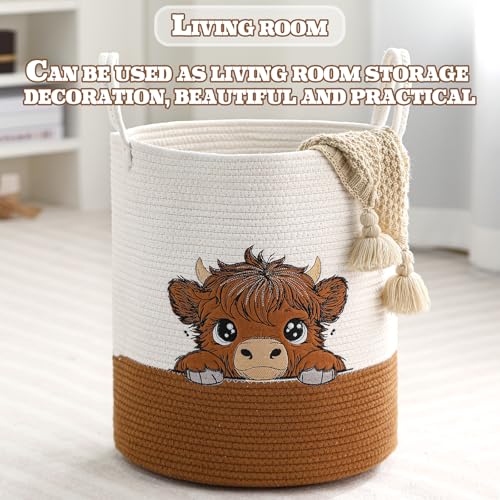 Honeydak Highland Cow Laundry Basket Brown Tall Cotton Rope Laundry Hamper - style: Highland Cow