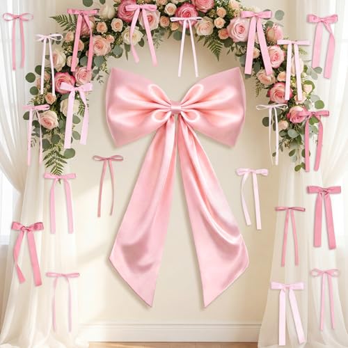 Large Pink Bow for Coquette Decor, 22Pcs 40x24 Inch Giant Satin Bow Set with 21 Small 3-Sizes Bows, DIY Photo Backdrop Wall Hanging Decor for Wedding Bridal Baby Shower Birthday Nursery Girls Room - color: Pink, 22 Pcs