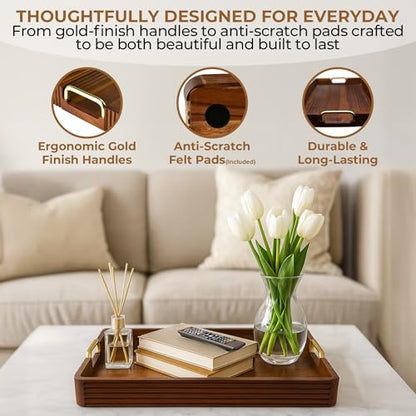 Acacia Wood Serving Tray with Metal Handle, 17x13in Tray for Ottoman - color: Dark Acacia / Gold Handle, size: 17” × 13” × 2”